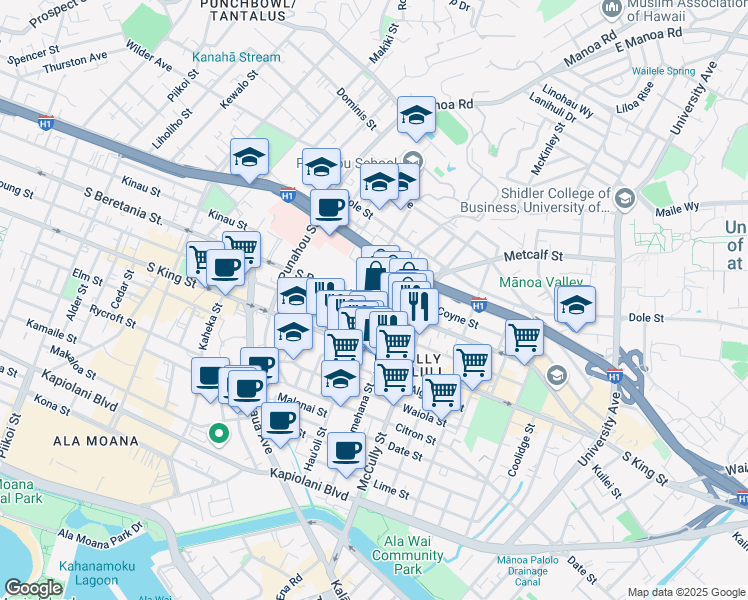 map of restaurants, bars, coffee shops, grocery stores, and more near 1120 Artesian Street in Honolulu