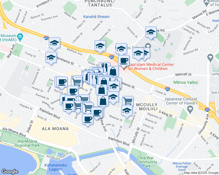 map of restaurants, bars, coffee shops, grocery stores, and more near 1602 South King Street in Honolulu
