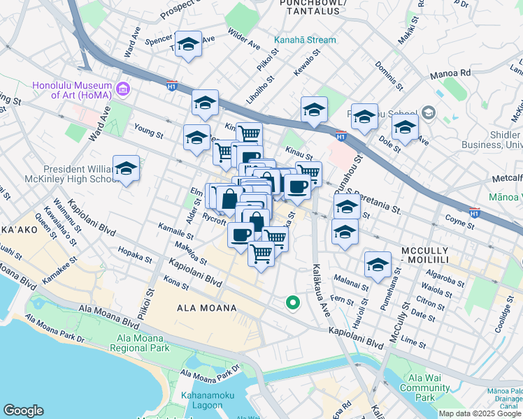 map of restaurants, bars, coffee shops, grocery stores, and more near 835 Ke’eaumoku Street in Honolulu