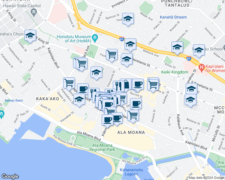 map of restaurants, bars, coffee shops, grocery stores, and more near 1117 Hoolai Street in Honolulu