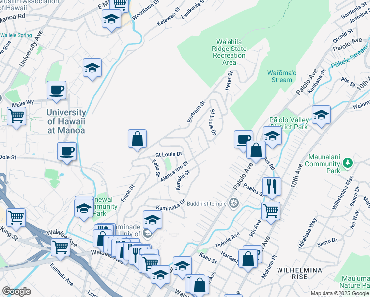 map of restaurants, bars, coffee shops, grocery stores, and more near 1777 Saint Louis Drive in Honolulu