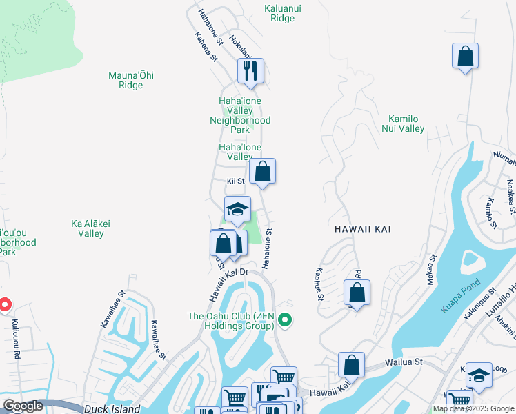 map of restaurants, bars, coffee shops, grocery stores, and more near 598 Hahaione Street in Honolulu