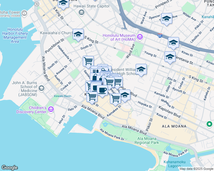 map of restaurants, bars, coffee shops, grocery stores, and more near 945 Queen Street in Honolulu