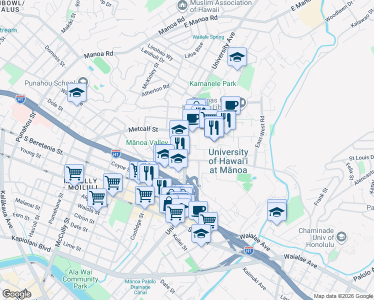 map of restaurants, bars, coffee shops, grocery stores, and more near in Honolulu