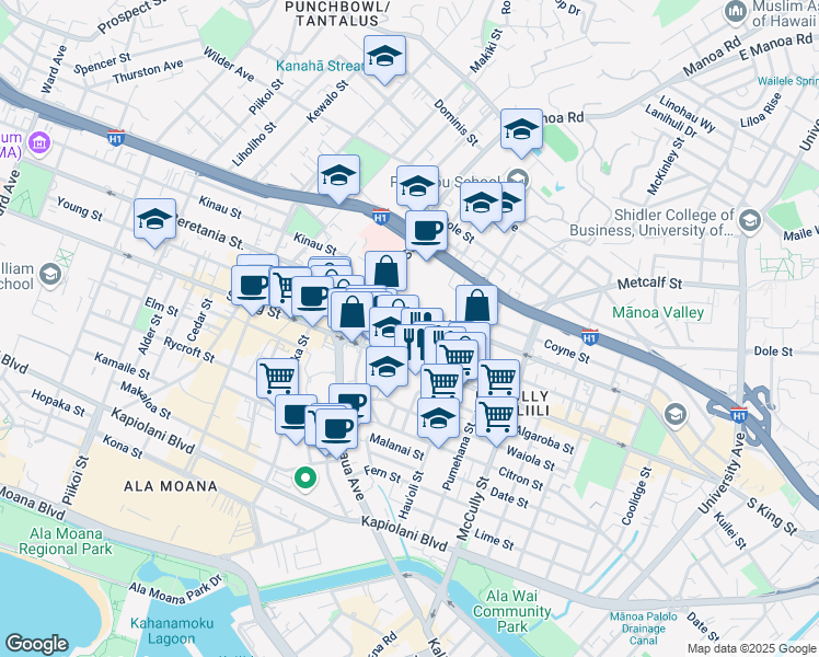 map of restaurants, bars, coffee shops, grocery stores, and more near 1022 Elsie Lane in Honolulu