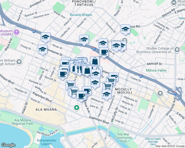 map of restaurants, bars, coffee shops, grocery stores, and more near 1602 South King Street in Honolulu