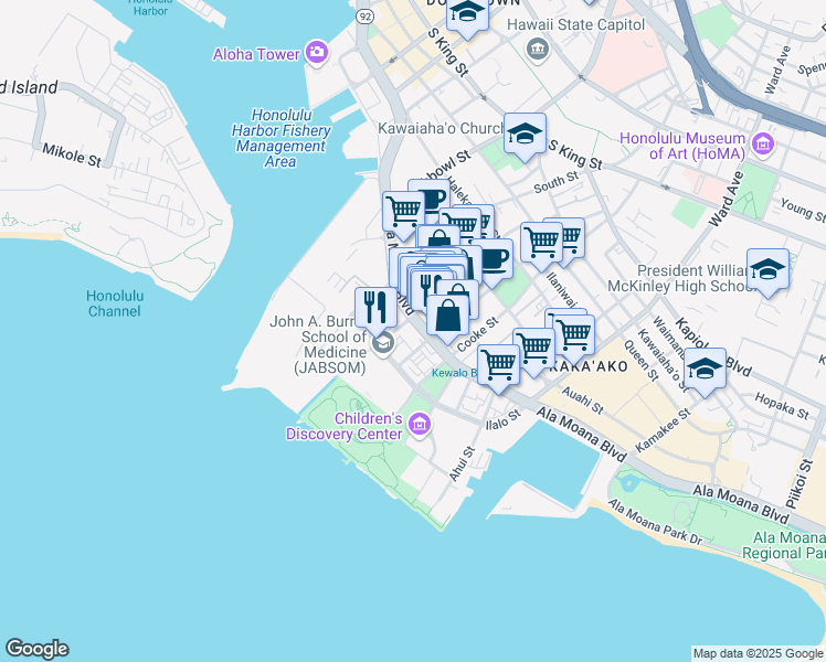 map of restaurants, bars, coffee shops, grocery stores, and more near 210 Coral Street in Honolulu
