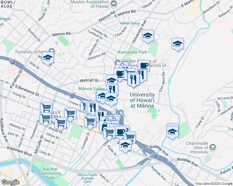 map of restaurants, bars, coffee shops, grocery stores, and more near in Honolulu