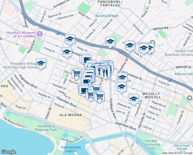 map of restaurants, bars, coffee shops, grocery stores, and more near 1451 South King Street in Honolulu