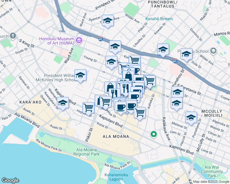 map of restaurants, bars, coffee shops, grocery stores, and more near 816 Birch Street in Honolulu