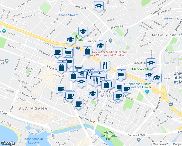 map of restaurants, bars, coffee shops, grocery stores, and more near 1727 South Beretania Street in Honolulu