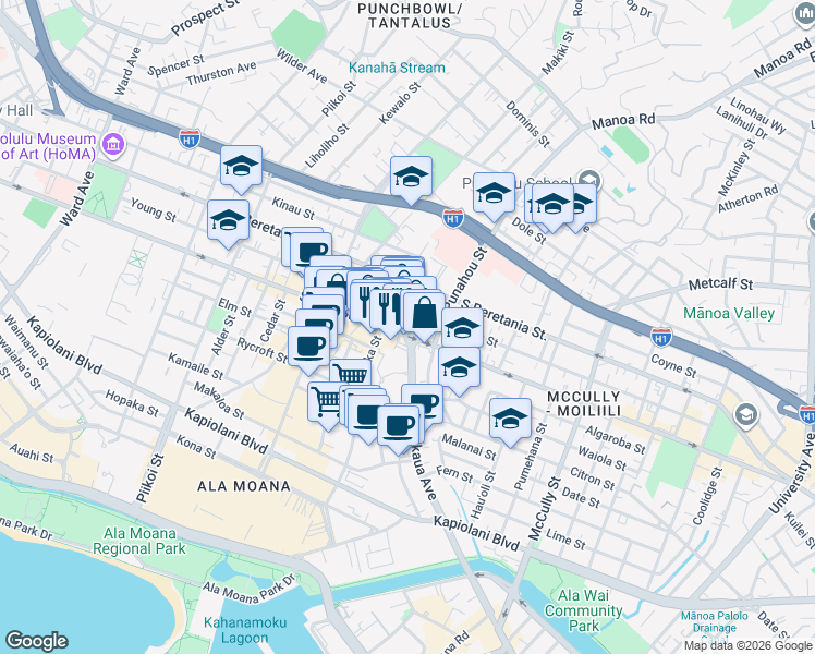 map of restaurants, bars, coffee shops, grocery stores, and more near in Honolulu