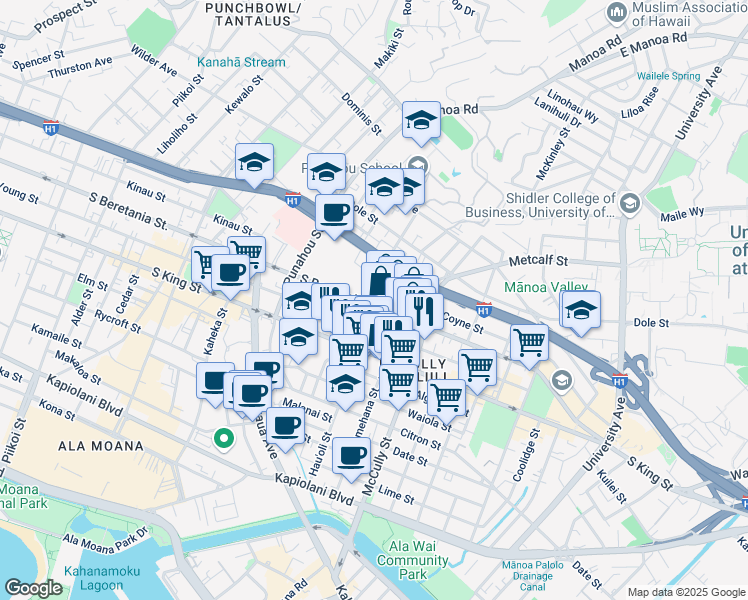 map of restaurants, bars, coffee shops, grocery stores, and more near 1120 Artesian Street in Honolulu