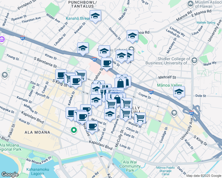 map of restaurants, bars, coffee shops, grocery stores, and more near 1742 Young Street in Honolulu