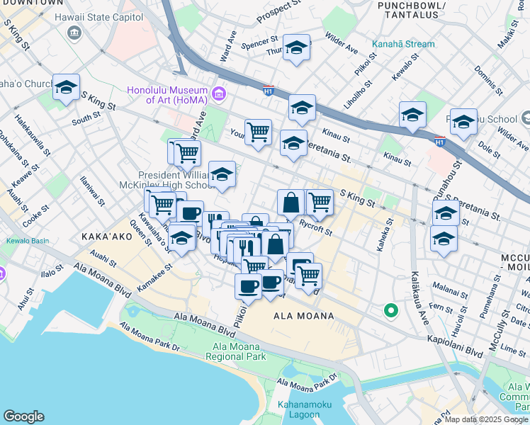 map of restaurants, bars, coffee shops, grocery stores, and more near 1117 Hoolai Street in Honolulu