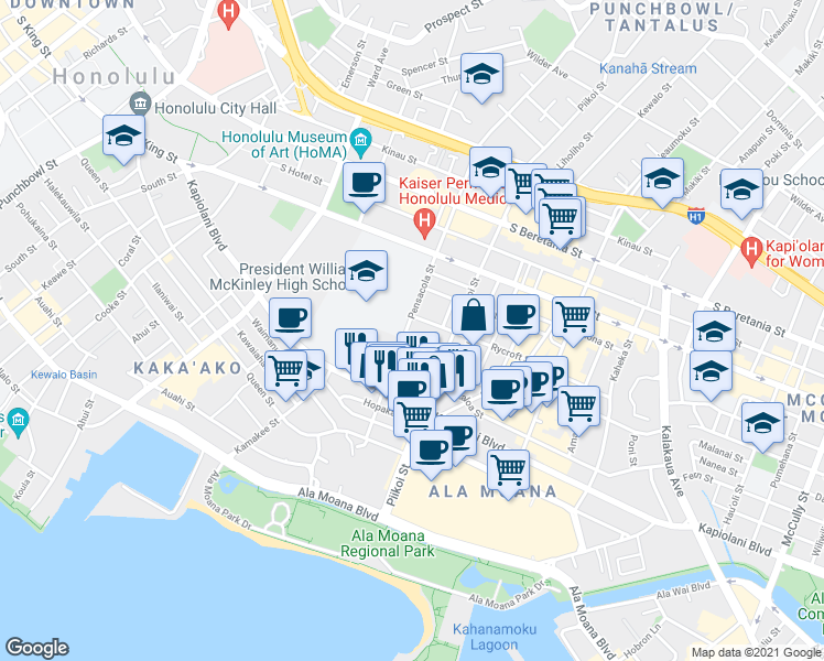 map of restaurants, bars, coffee shops, grocery stores, and more near 1117 Hoolai Street in Honolulu