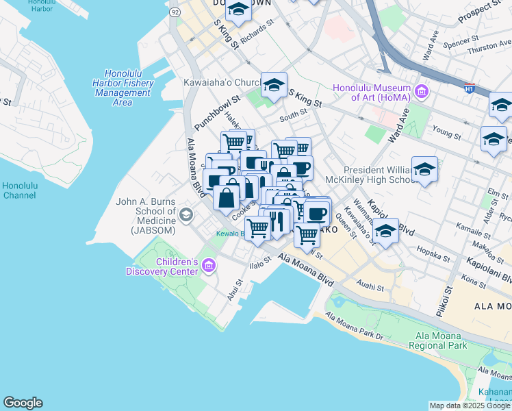map of restaurants, bars, coffee shops, grocery stores, and more near 805 Pohukaina Street in Honolulu
