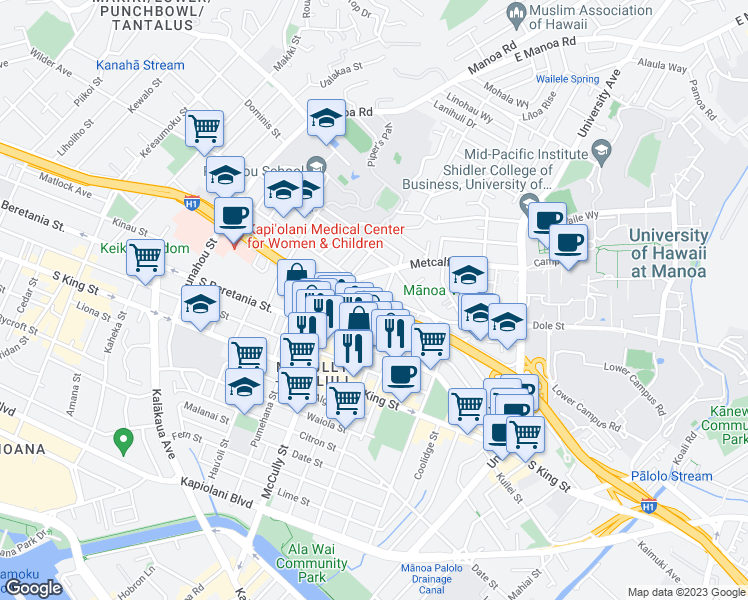 map of restaurants, bars, coffee shops, grocery stores, and more near 1520 Farrington Street in Honolulu
