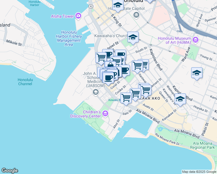 map of restaurants, bars, coffee shops, grocery stores, and more near 680 Ala Moana Boulevard in Honolulu