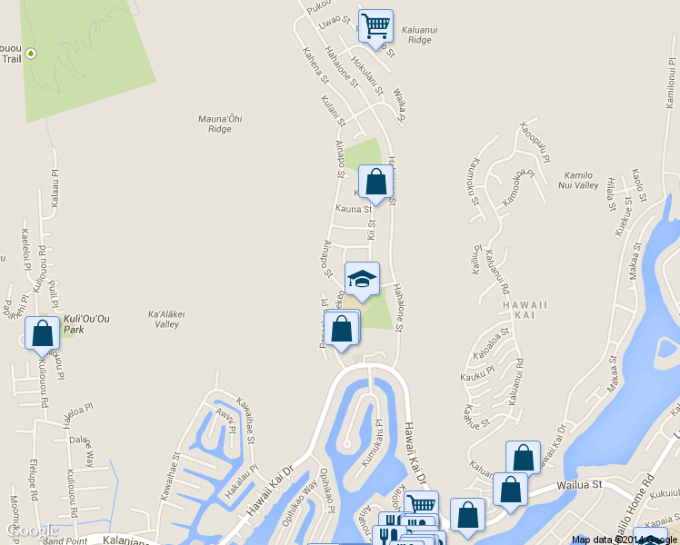 map of restaurants, bars, coffee shops, grocery stores, and more near 750 Kapulena Loop in Honolulu