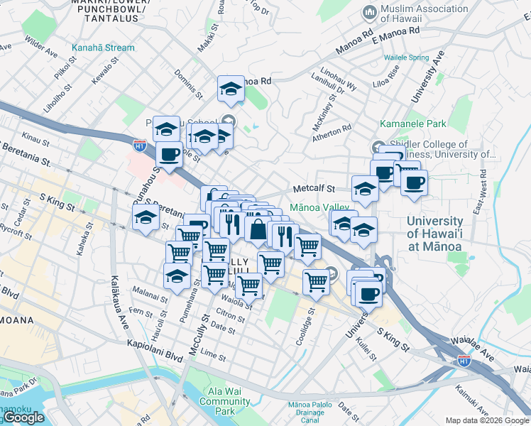 map of restaurants, bars, coffee shops, grocery stores, and more near 1520 Farrington Street in Honolulu