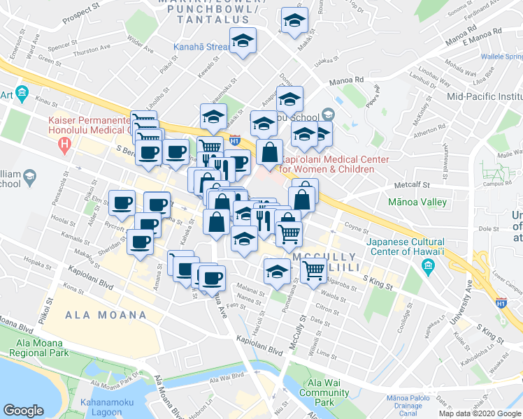 map of restaurants, bars, coffee shops, grocery stores, and more near in Honolulu