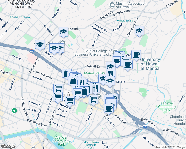 map of restaurants, bars, coffee shops, grocery stores, and more near 2241 Ho'onanea Street in Honolulu