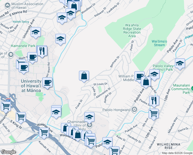 map of restaurants, bars, coffee shops, grocery stores, and more near 1619 Bertram Street in Honolulu