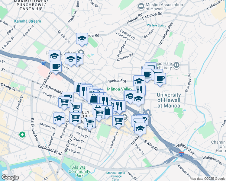 map of restaurants, bars, coffee shops, grocery stores, and more near 2111 Momi Way in Honolulu