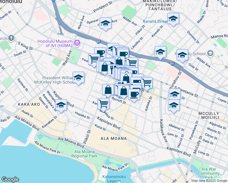 map of restaurants, bars, coffee shops, grocery stores, and more near 1236 Elm Street in Honolulu