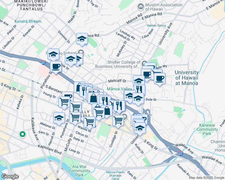 map of restaurants, bars, coffee shops, grocery stores, and more near 2142 Wilder Avenue in Honolulu
