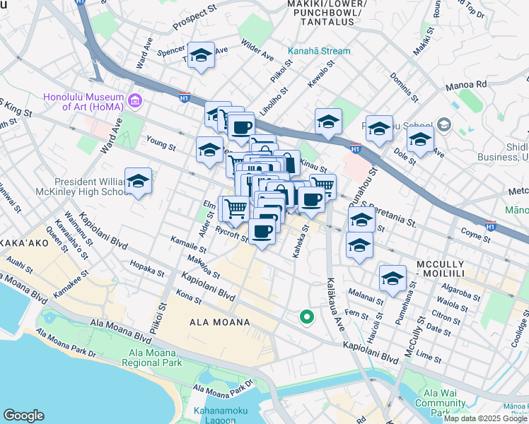map of restaurants, bars, coffee shops, grocery stores, and more near 1375 South King Street in Honolulu