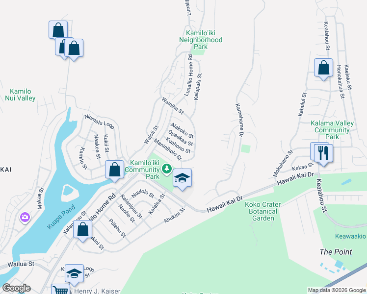 map of restaurants, bars, coffee shops, grocery stores, and more near 7244 Kuahono Street in Honolulu