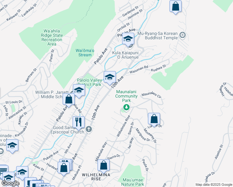 map of restaurants, bars, coffee shops, grocery stores, and more near 2077 10th Avenue in Honolulu