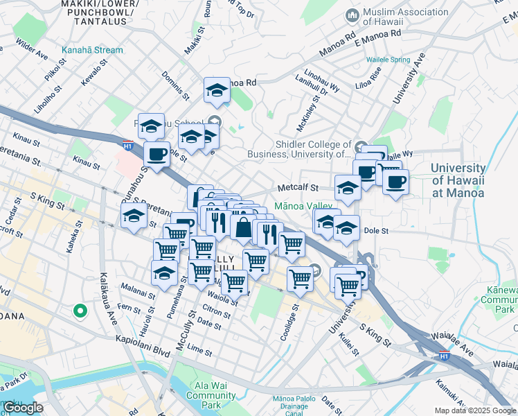 map of restaurants, bars, coffee shops, grocery stores, and more near 1520 Farrington Street in Honolulu