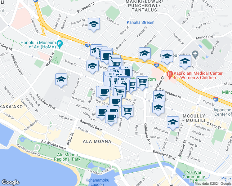 map of restaurants, bars, coffee shops, grocery stores, and more near 1375 South King Street in Honolulu