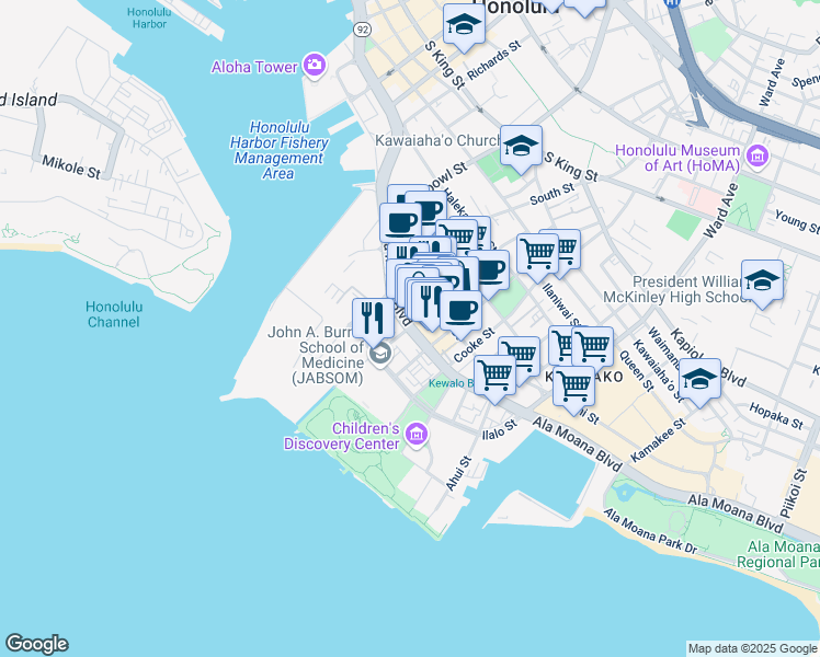 map of restaurants, bars, coffee shops, grocery stores, and more near 653 Ala Moana Boulevard in Honolulu