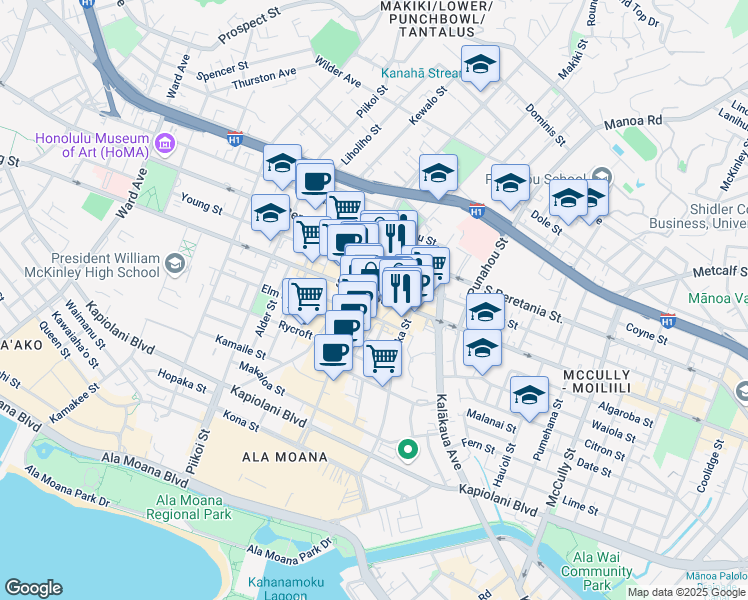 map of restaurants, bars, coffee shops, grocery stores, and more near 1436 South King Street in Honolulu
