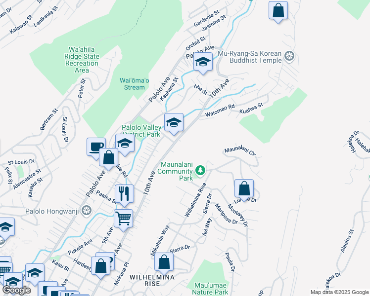 map of restaurants, bars, coffee shops, grocery stores, and more near 2115B 10th Avenue in Honolulu
