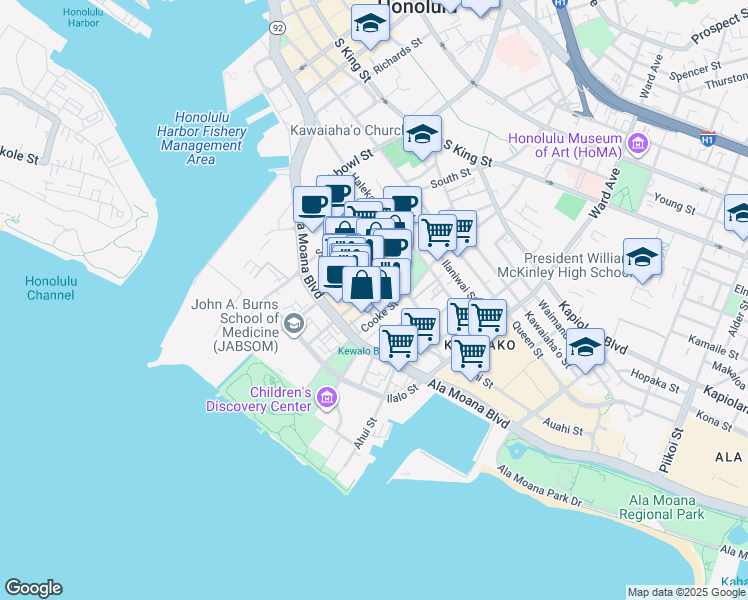 map of restaurants, bars, coffee shops, grocery stores, and more near 429 Coral Street in Honolulu