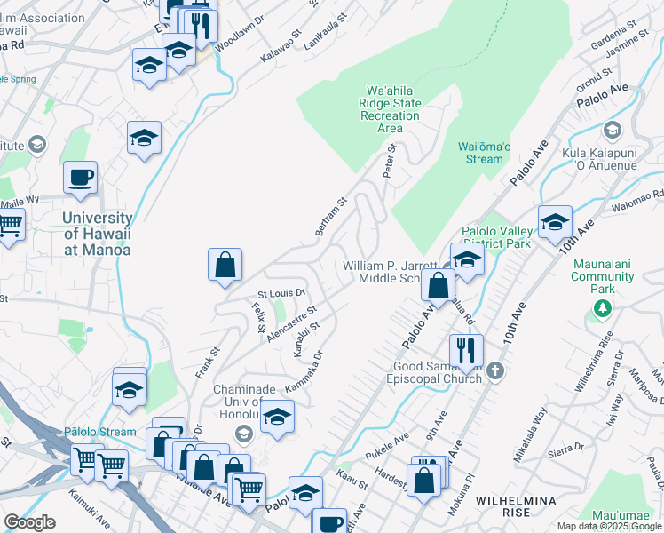 map of restaurants, bars, coffee shops, grocery stores, and more near 2059 Saint Louis Drive in Honolulu