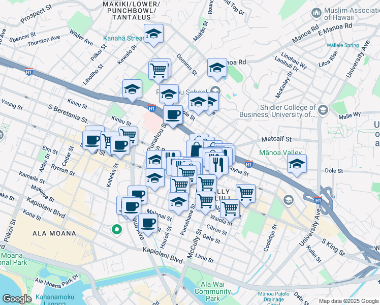 map of restaurants, bars, coffee shops, grocery stores, and more near 1231 Alexander Street in Honolulu
