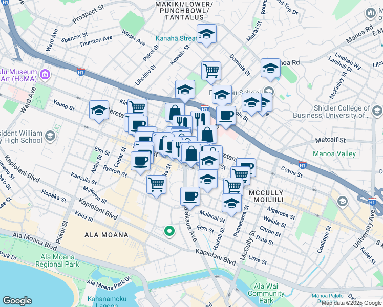 map of restaurants, bars, coffee shops, grocery stores, and more near in Honolulu