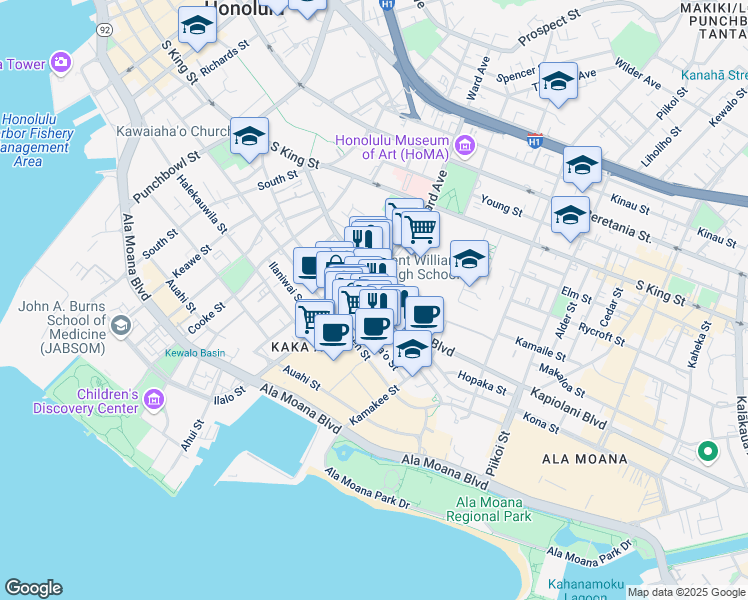 map of restaurants, bars, coffee shops, grocery stores, and more near in Honolulu
