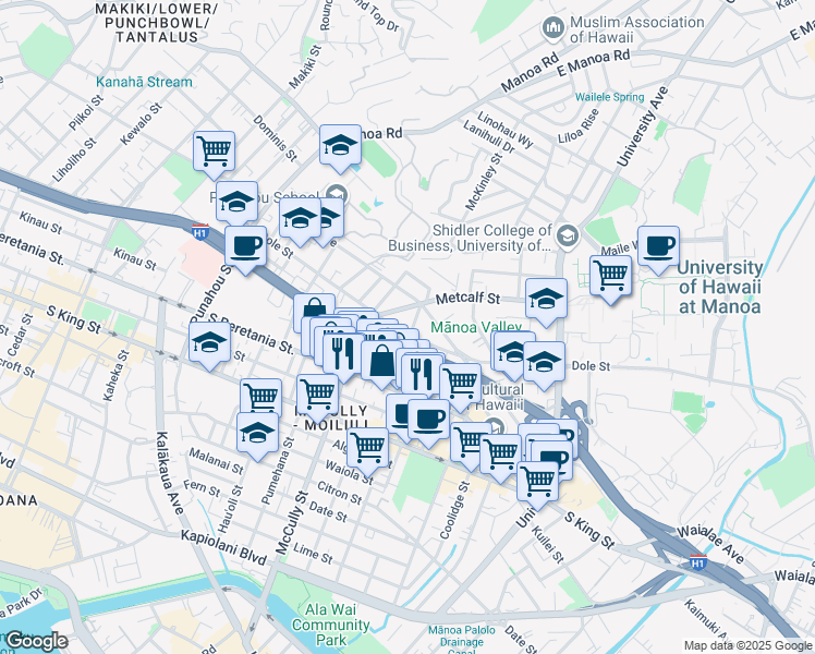 map of restaurants, bars, coffee shops, grocery stores, and more near 1508 Farrington Street in Honolulu