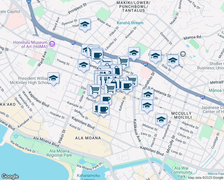 map of restaurants, bars, coffee shops, grocery stores, and more near 1375 South King Street in Honolulu