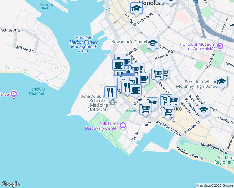 map of restaurants, bars, coffee shops, grocery stores, and more near 653 Ala Moana Boulevard in Honolulu