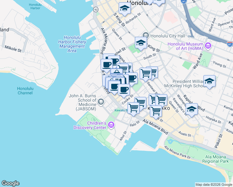 map of restaurants, bars, coffee shops, grocery stores, and more near 327 Keawe Street in Honolulu