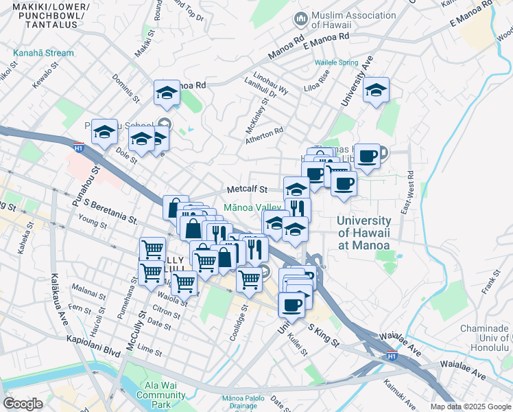 map of restaurants, bars, coffee shops, grocery stores, and more near 2238 Ho'onanea Street in Honolulu