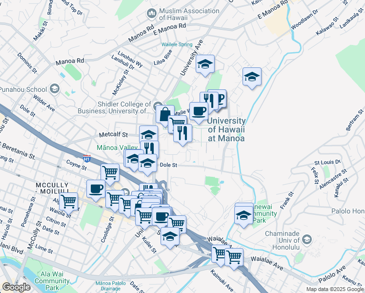map of restaurants, bars, coffee shops, grocery stores, and more near 2465 Campus Road in Honolulu